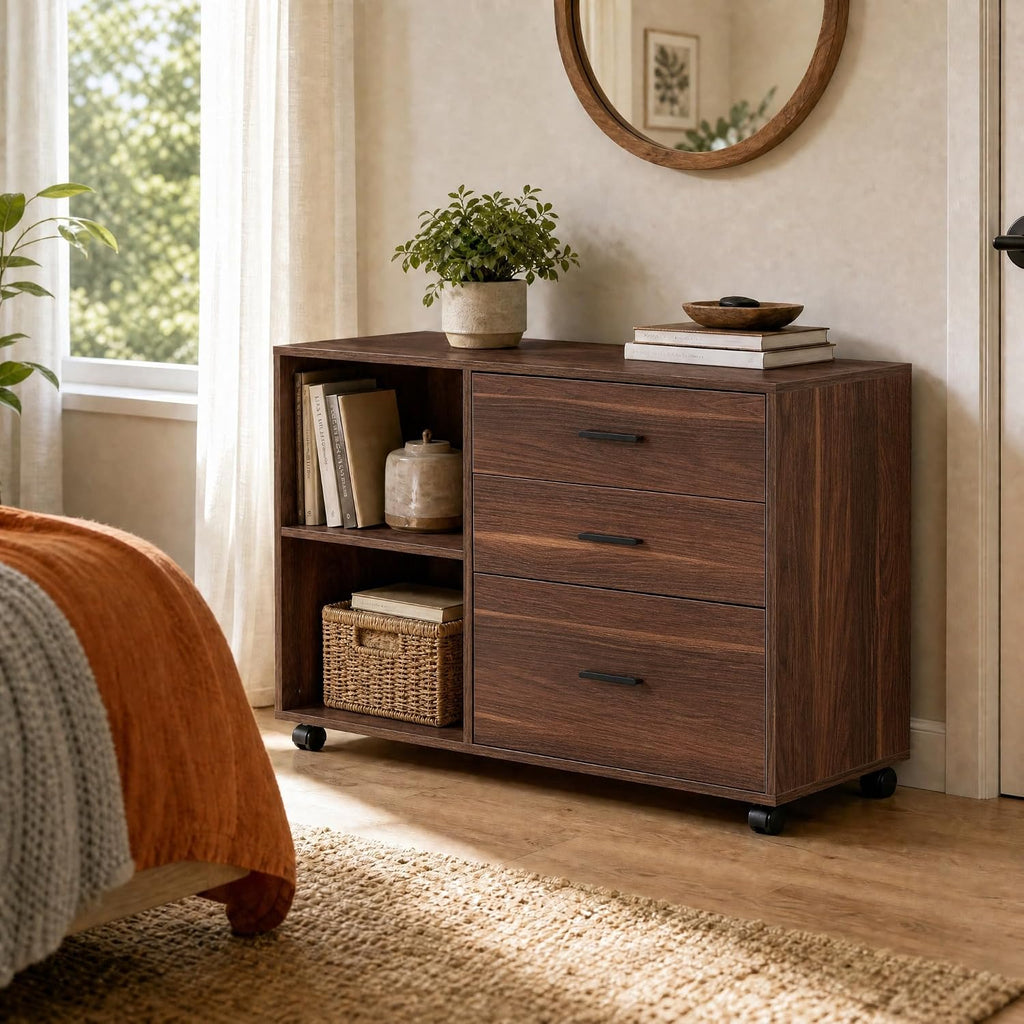 39" Wooden Filing Cabinet with Open Storage Shelf and 3 Drawers | Rolling File Cabinet with Adjustable Hanging Rail