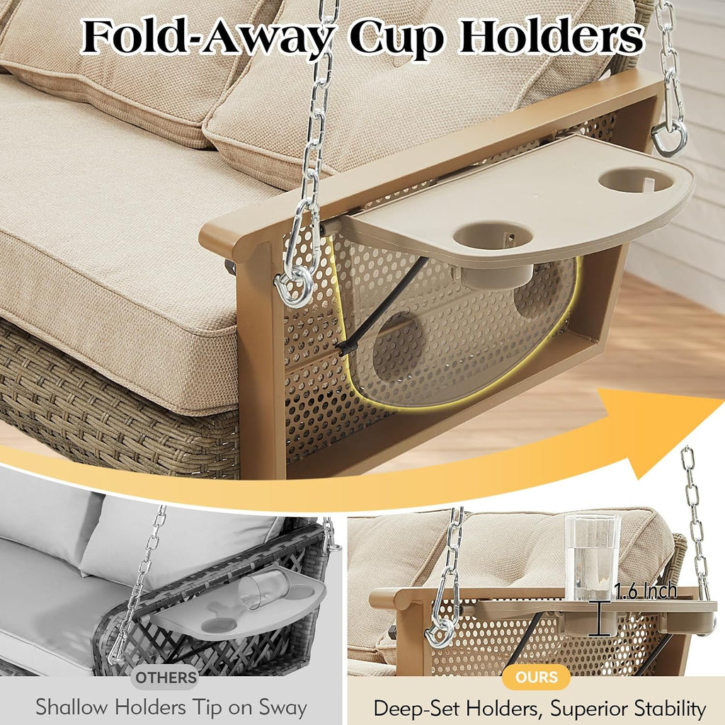 3-Seat Wicker Hanging Porch Swing with Cup Holders and Cushions | Porch Swing with Cushions, Heavy Duty Chains