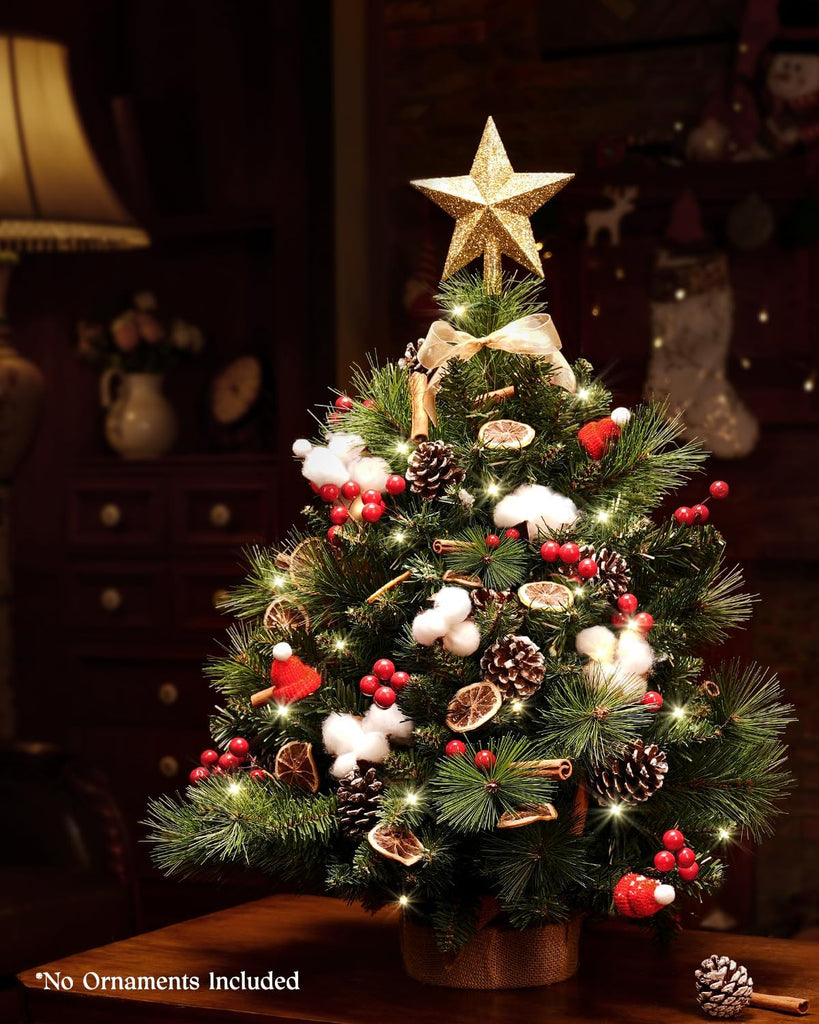 Tabletop Pre-lit Christmas Tree with Star Treetop, 1 to 4 ft, Clear LED Lights, Artificial Xmas with Burlap Base for Table