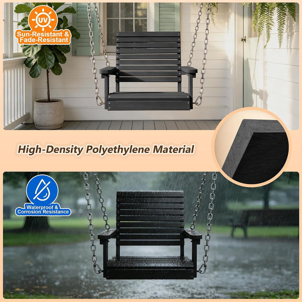 HDPE Single Outdoor Porch Swing, 360 LBS Hanging Swing Chair, Black | All-Weather & Fade Resistant, Adjustable