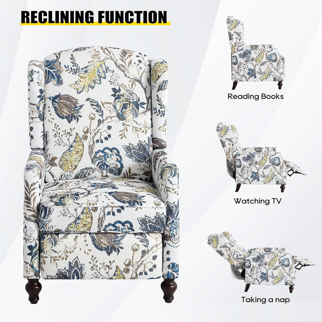 Upholstered Wingback Recliner Chair - Traditional Push Back Recliner Chair with Padded Seat, Fabric Floral Recliner