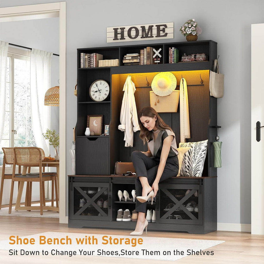 75''H 59''W Large LED Farmhouse Hall Tree with Bench and Shoe Storage,Entryway Bench with Coat Rack,16 Shoe Cubbies &