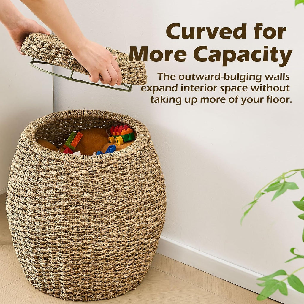 Round Wicker Basket with Lid, Handwoven Seagrass Storage Basket, Blanket Organizer Basket for Laundry, Bathroom