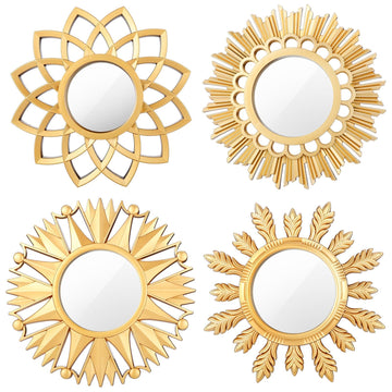 4 Pack Round Mirrors for Wall Sunburst Floral Home Decor, Gold