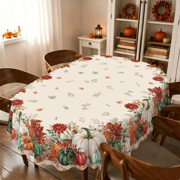 Oval Fall Tablecloth 60x102 Inch, Thanksgiving Autumn Harves Pumpkin Flower Table Cloth, Waterproof Wrinkle Resistant