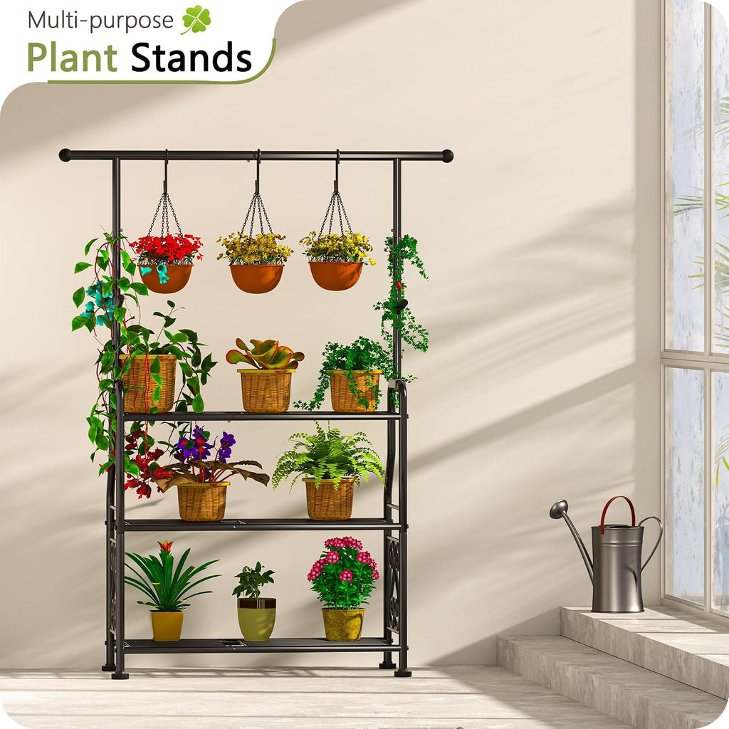 Plant Stand Indoor, 3-Tier Heavy Duty Metal Shelf & Indoor, Tall Plant Holds 14+ Plants with 5 Hooks, Rust-Proof