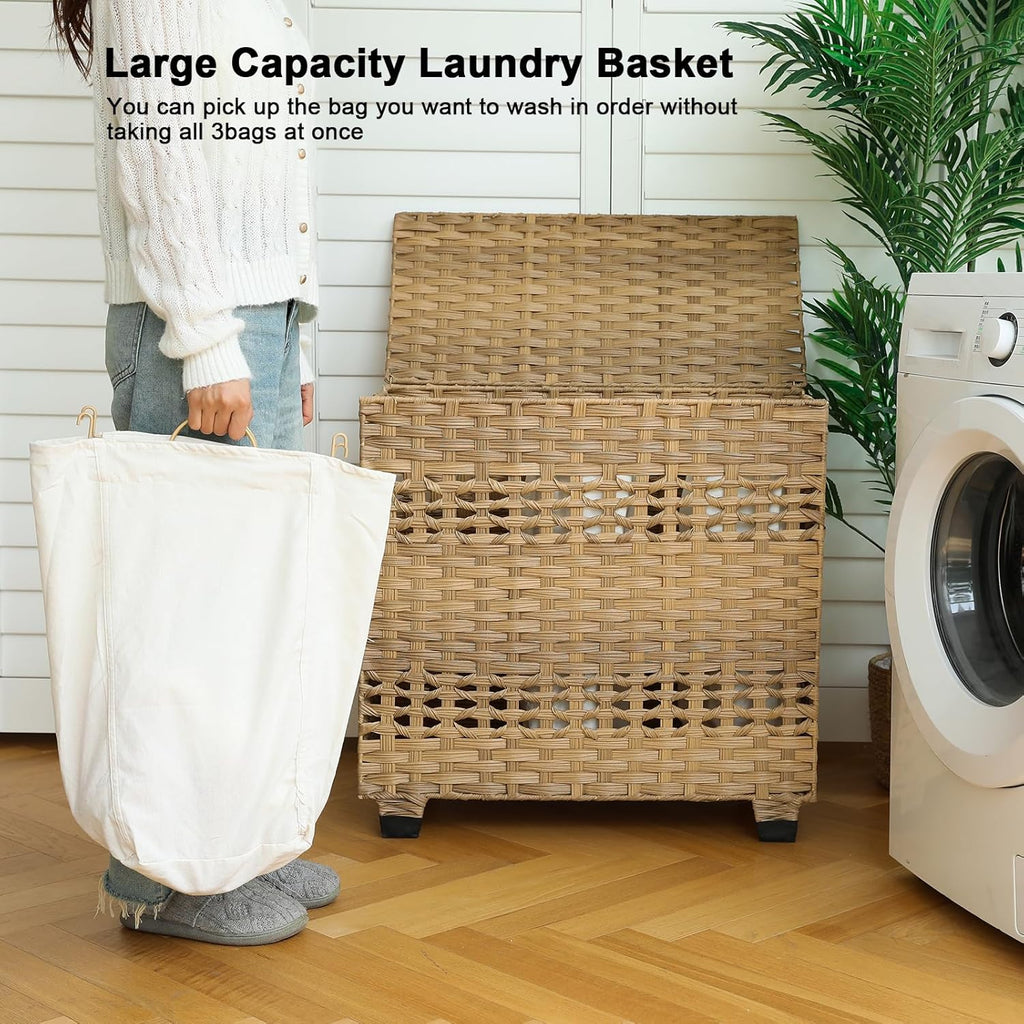Laundry Hamper with Lid, 140L Clothes Hamper with 3 Removable Liner Bags, Foldable Basket with Lid, Synthetic Wicker