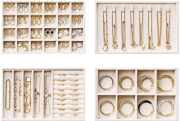 Velvet Jewelry Drawer Organizer Trays - 4-Layer Stackable Jewelry Storage Inserts Set, Beige Jewelry Tray Set for