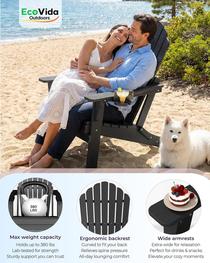 HDPE Folding Adirondack Chair with Dual Cup Holders, Black | Ergonomic High Back HDPE Fire Pit Chair, 380lbs Capacity
