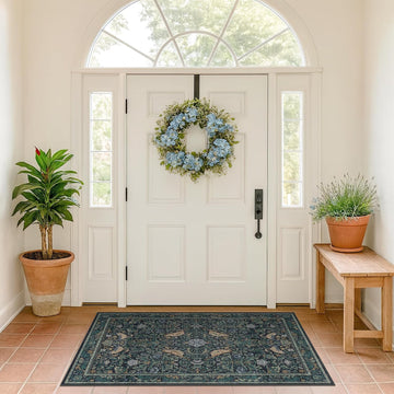 Vintage Large Entryway Rugs Indoor, 3x5 Washable Blue and Green Floral Rugs Floor, Bedroom Beside Bed, Non-Slip & Low