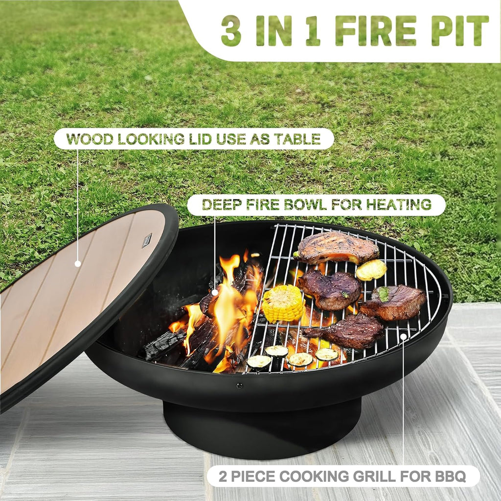 32in Fire Pit Table with Lid,Heavy Duty and Deep Fire Bowl,Outdoor Wood Burning BBQ Grill Firepit Bowl with Cover Lid