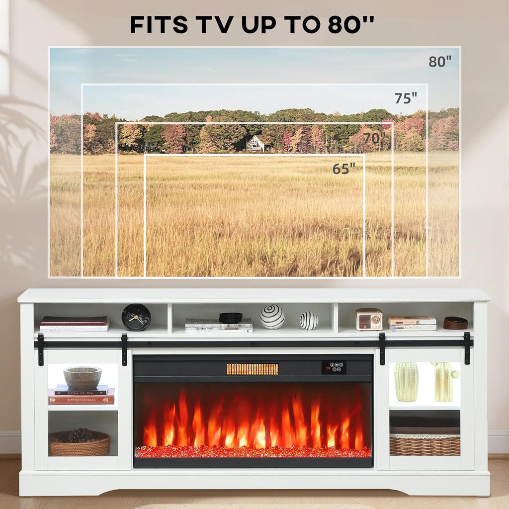 Fireplace TV Stand for TVs Up to 80 Inches, Modern Entertainment Center with 36" Glass Electric Fireplace & LED
