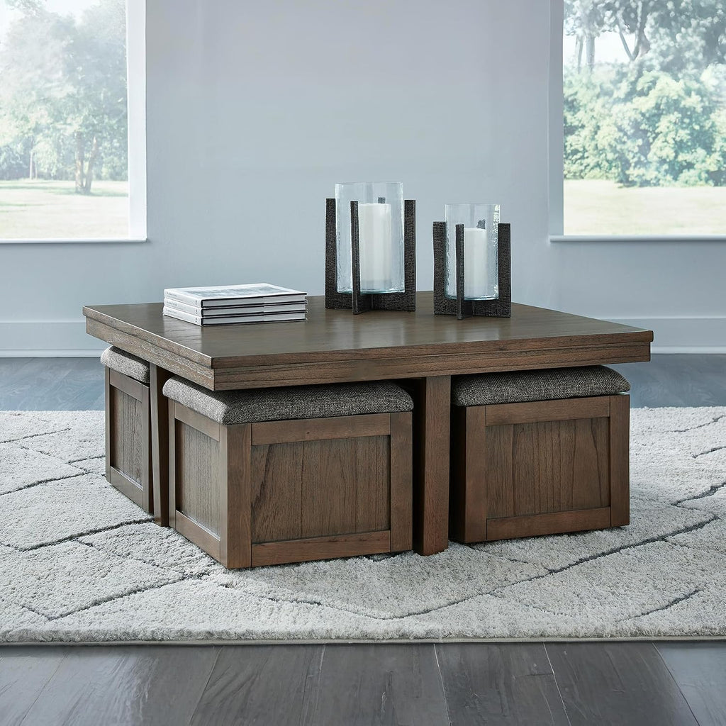 Boardernest Casual Coffee Table with 4 Storage Stools, Dark Brown