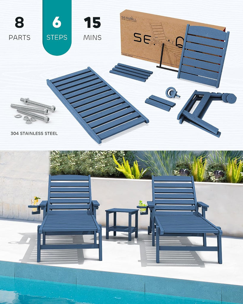 HDPE Outdoor Lounge Chair Set of 2 with Cup Holder, Blue | with 5 Position Adjustable Backrest & Rolling Wheels