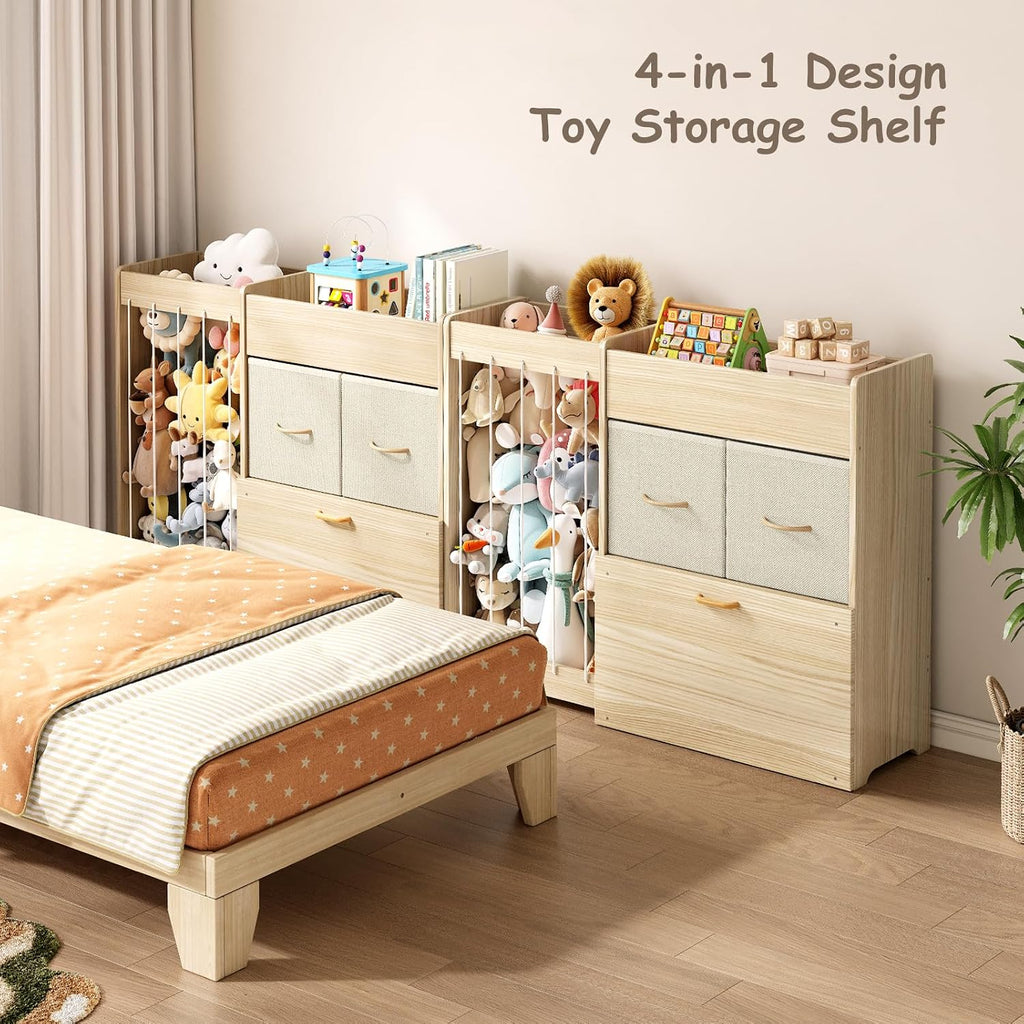 Toy Storage Organizer with Stuffed Animal Holder, Solid Wood Kids Toy Shelf with 2 Drawers, Rolling Toy Chest and Top