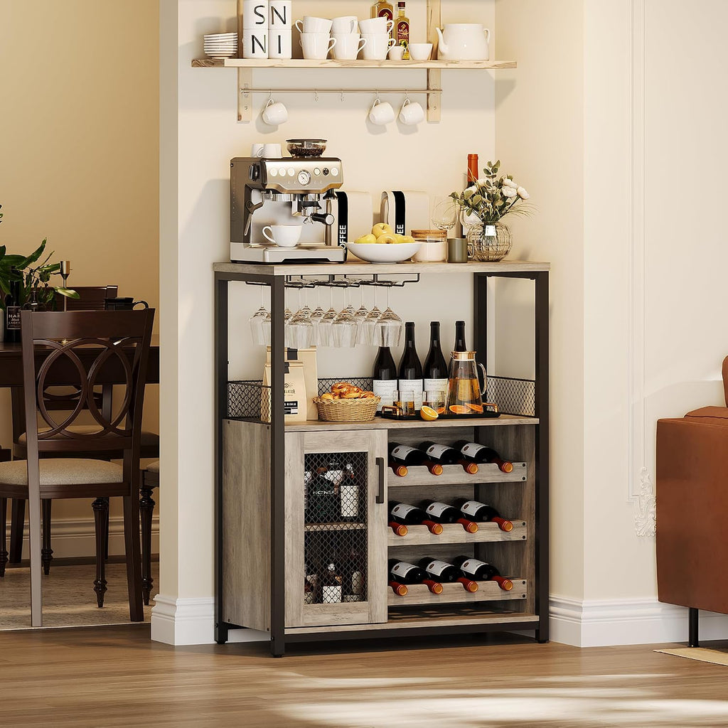 Industrial Wine Bar Cabinet - Adjustable Wine Rack, Glass Holders, Compact Sideboard , Removable 3-Tier Storage