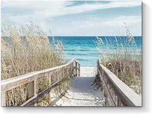 Beach Artwork Seascape Wall Art: Seaside Painting Fence Pathway Picture Print on Wrapped Canvas (24''W x 18''H