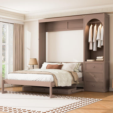 Queen Murphy Bed with Storage Shelf and 3 Drawers, Multifunctional Hidden Wall Bed with Desk and LED Light for Small