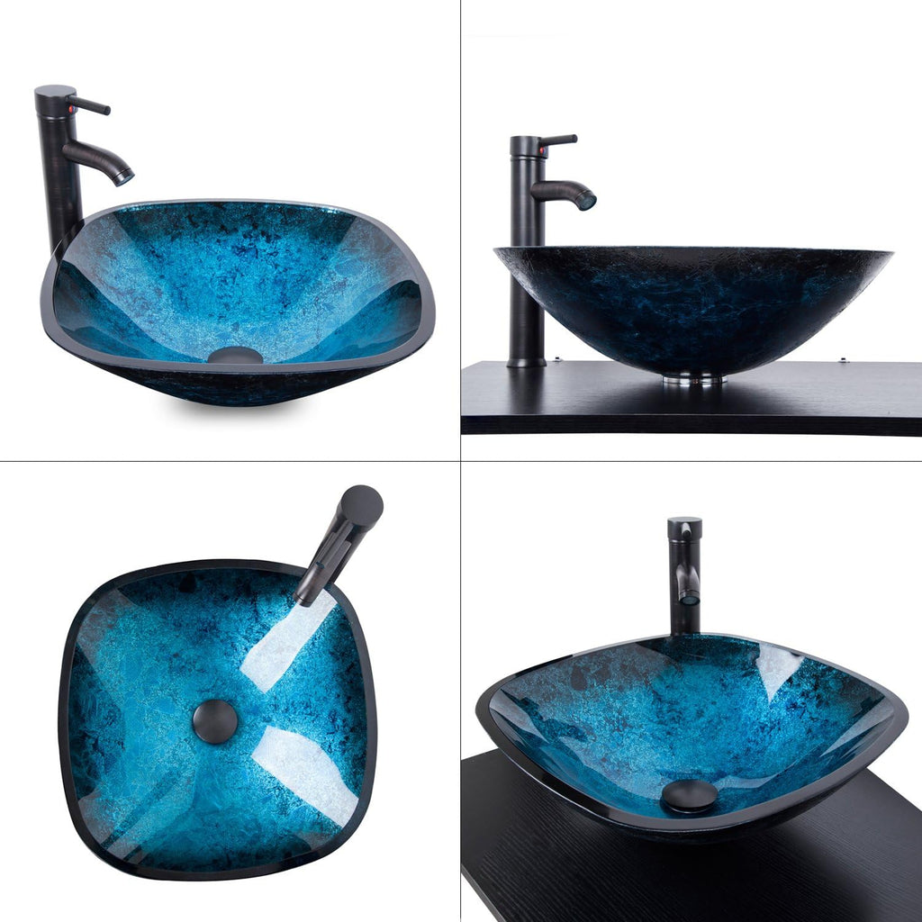 Artistic Square Bathroom Sink Blue Tempered Glass Vessel Sink Combo with Faucet 1.5 GPM and Pop up Drain Bathroom Bowl