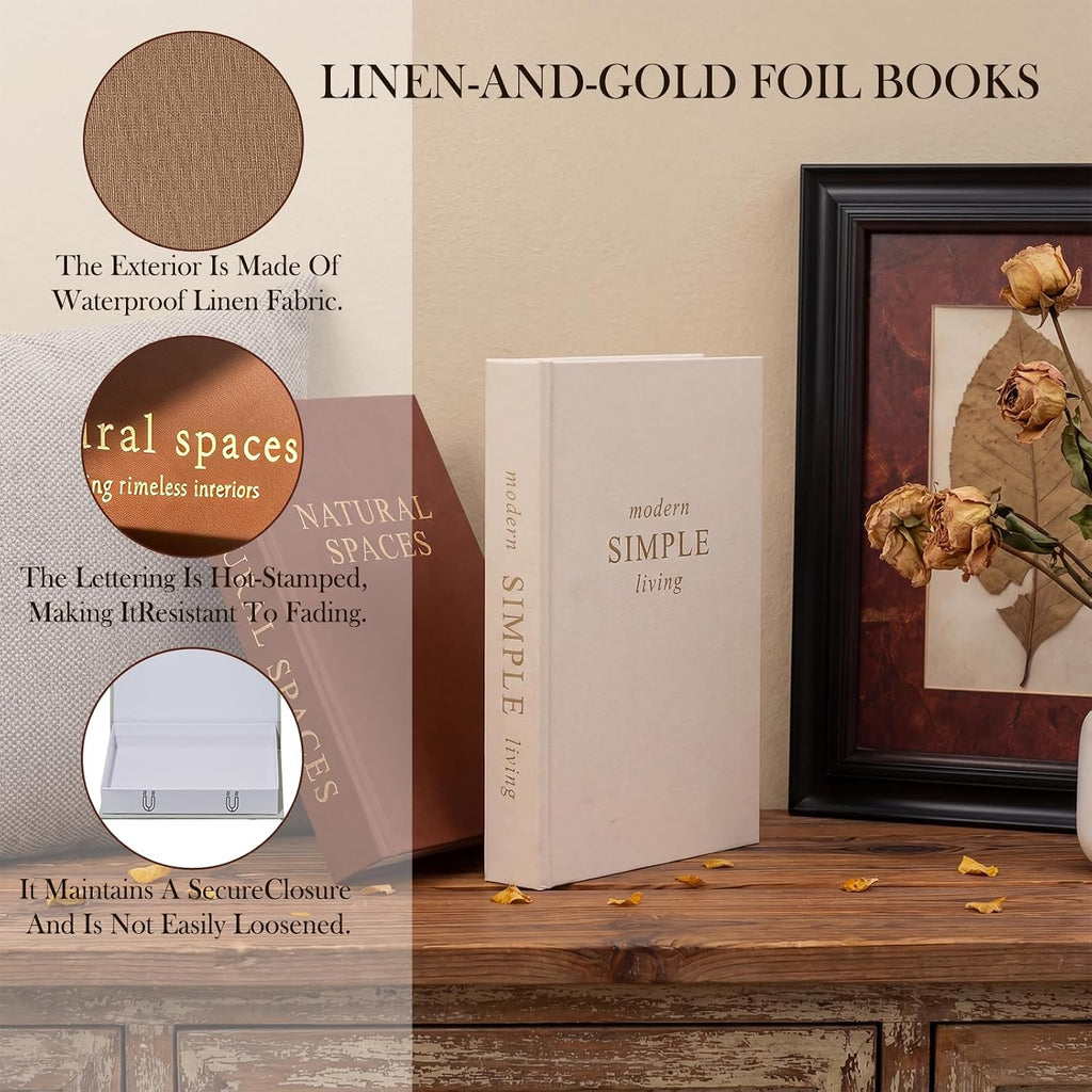 Elegant Decorative Books Set of 2, Linen Covered Decor Books with Gold Lettering & Magnetic Clasps for Storage.