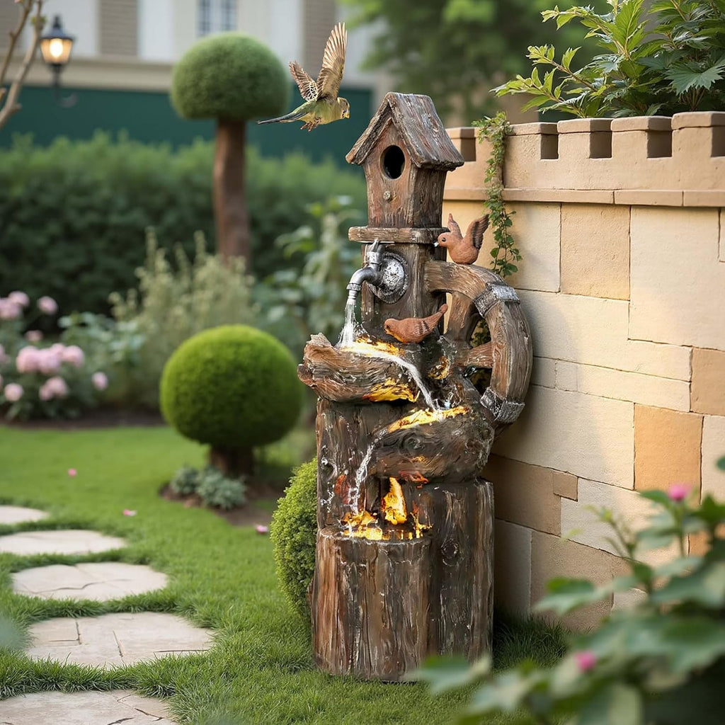 Outdoor Water Fountain, Decorative Garden Birdhouse, 3-Tier Cascading Waterfall with LED Lights and Water Wheel