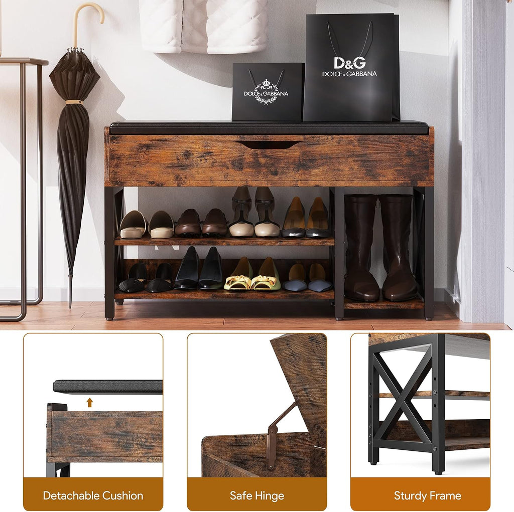 Shoe Bench, Lift Top Shoe Storage Bench, Adjustable Shelf Entryway Bench, Metal and Wood Shoe Rack Organizer with