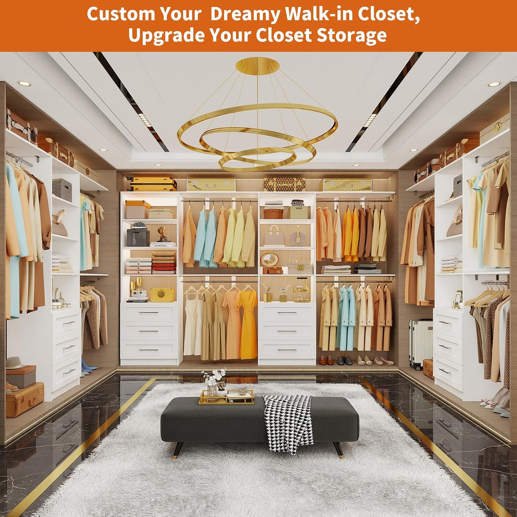 Closet System with Drawers, 5-7.61FT Closet Organizer System with Cuttable Shelves & 3 Expandable Hanging Rods, 96"