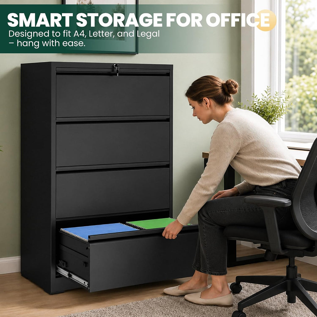 4 Drawer Lateral File Cabinet with Lock, File Cabinet ,Black | Heavy-Duty Steel Locking File Cabinet, Hanging