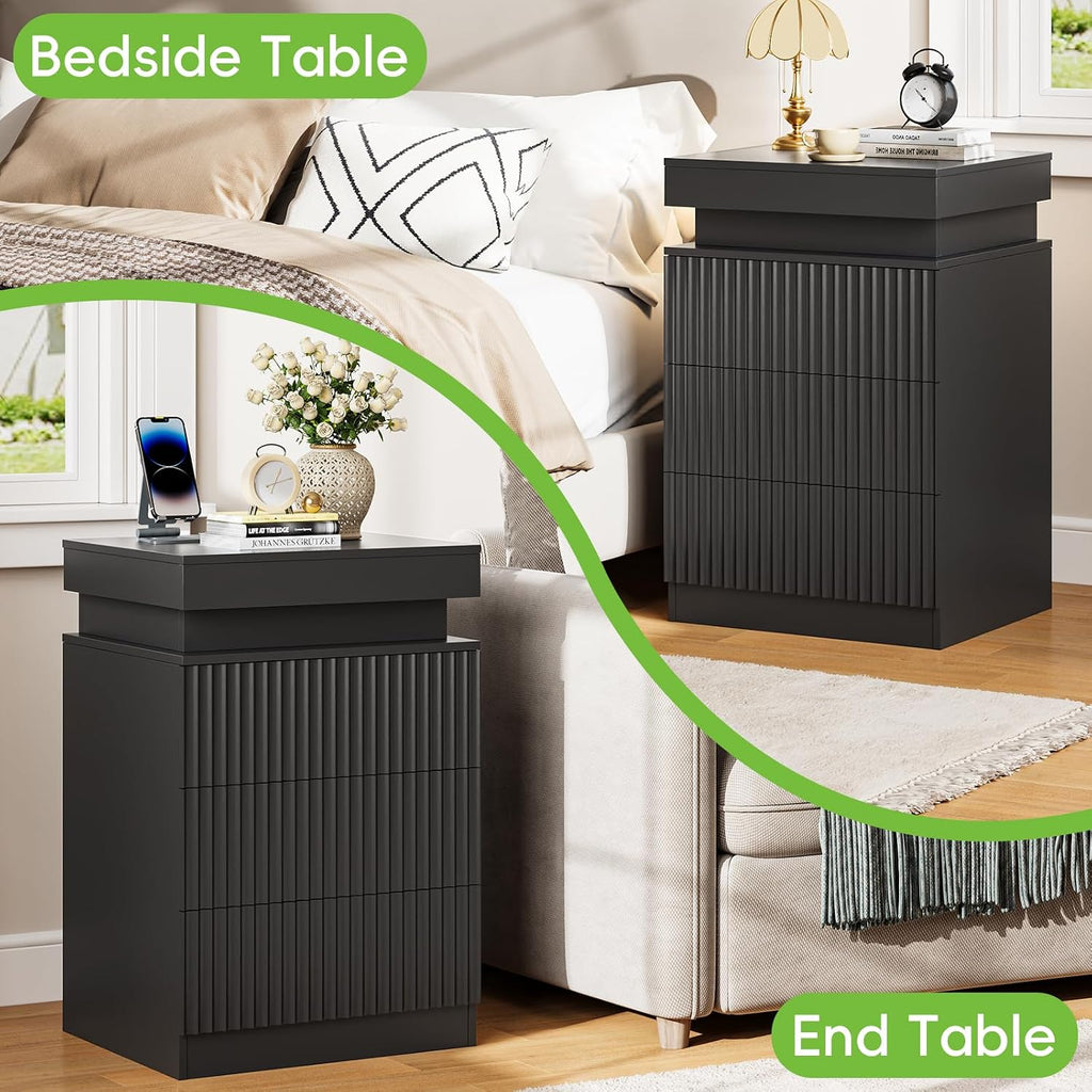 Nightstand with Charging Station and LED Lights, Modern Black Night Stand with Sliding Top, Fluted Bedside Table with