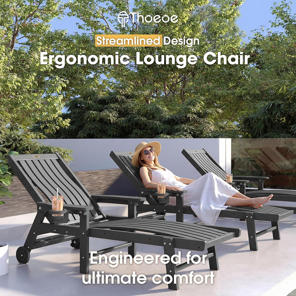 Outdoor Chaise Lounge Chair Set of 2,HDPE lounge chair outdoor with Wheels | Oversized pool lounge chairs with cup