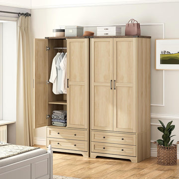Wooden Armoire Wardrobe Closet with Drawers, Natural, Set of 2 | 4 Modern Doors, Freestanding, with 4 Drawers and