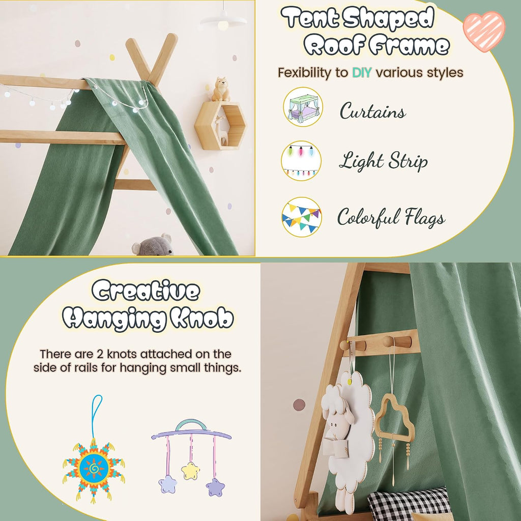 Montessori Bed Full Size with Light and Slats, Wood Teepee Floor Bed for Kids Boys Girls,House Bed Frame with Rails &