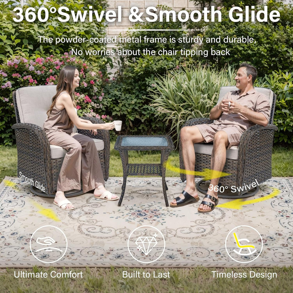 Patio Wicker Chairs Swivel Rocker - Outdoor Swivel Rocking Chairs Set of 2 with Rattan Side Table, Patio Swivel