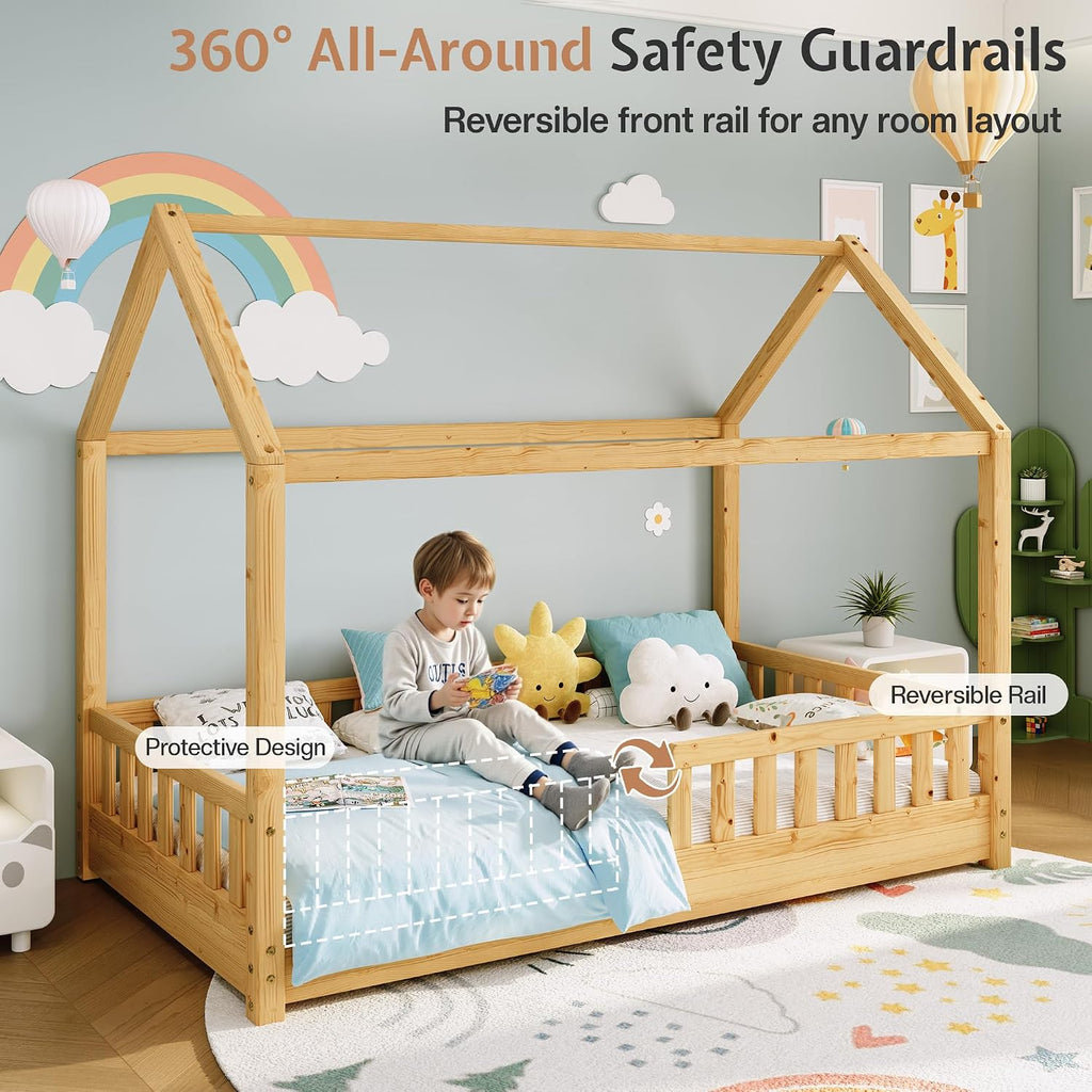 Twin Size House Bed for Kids with Guardrails, Natural Wood | 100% Solid Wood Construction, Removable Rails, Full