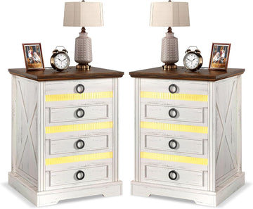 Farmhouse Night Stand Set 2 with Gun Drawer | Bedside Table with Charger Station, LED Nightstand with Human Sensor