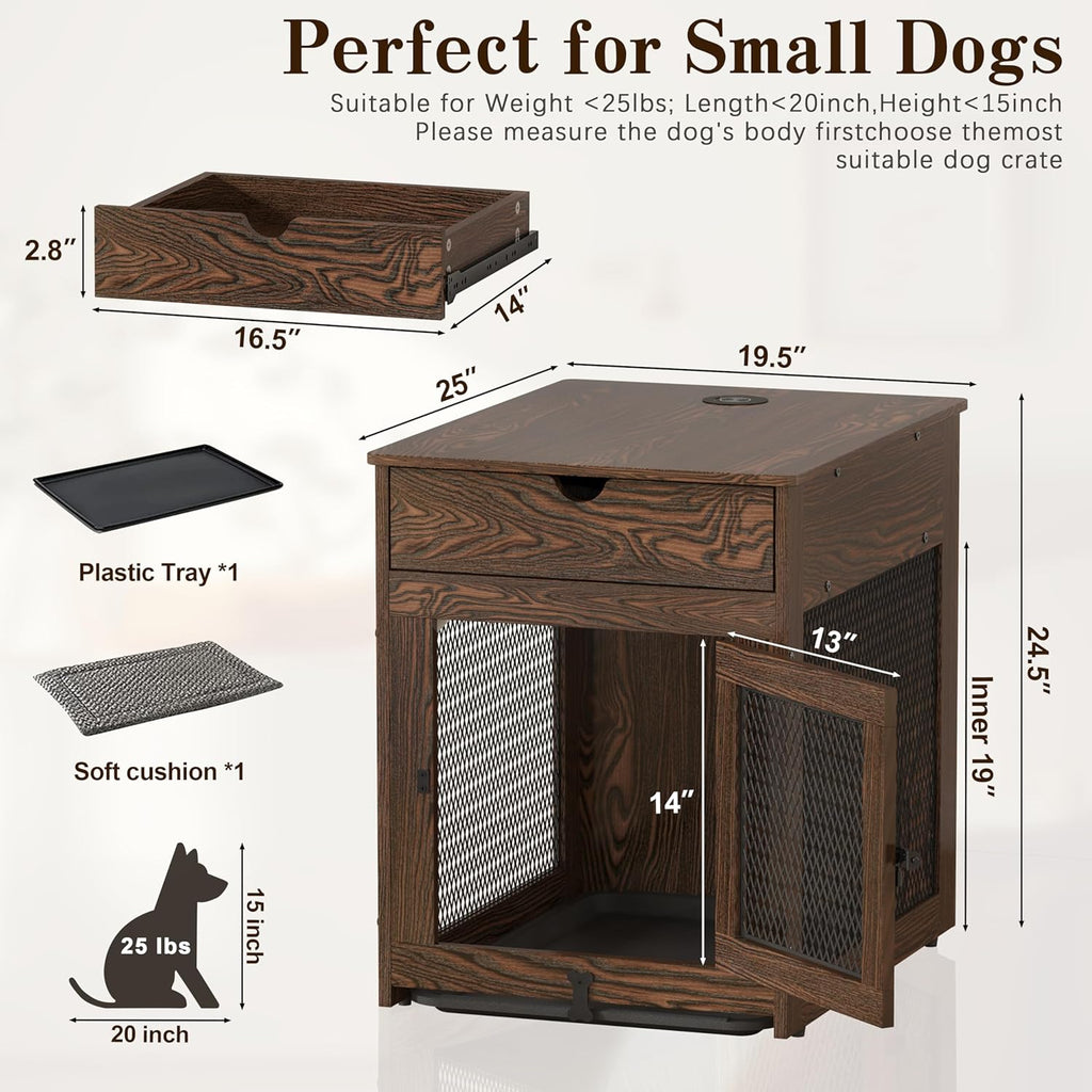Dog Crate Furniture,Wooden Dog Crate End Table with Storage Drawer&Cushion&Tray