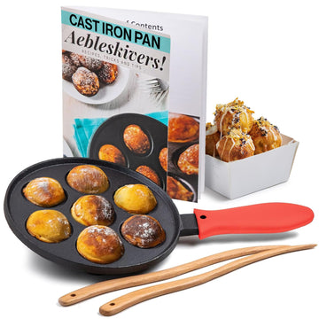 Cast Iron Aebleskiver Pan - Ideal for Mini Pancake Mold, Cake Pop Pan, and Takoyaki Maker - Danish Stuffed (Red)