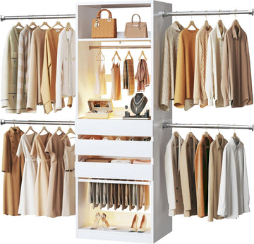 Closet System, 4-8FT Closet Organizer with 3 Wood Drawers & Glass Top, 102'' Walk in Closet with 5 Hang Rods & LED