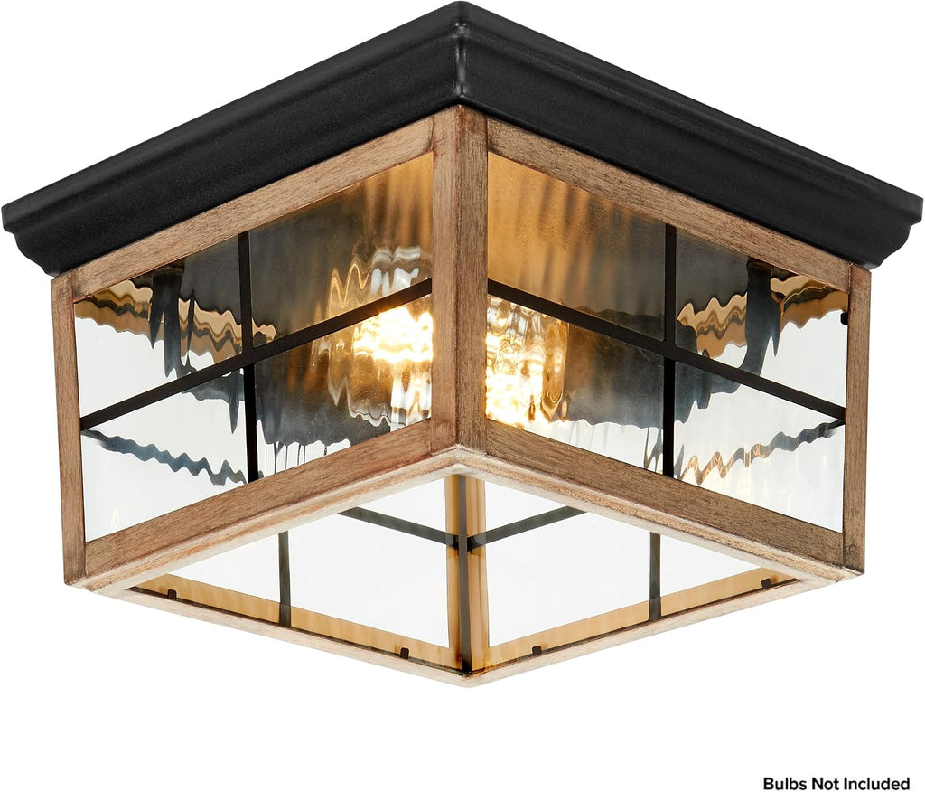 Outdoor Flush Mount Ceiling Light Fixture, Wood Grain, 2-Light | Water Glass, Square Farmhouse, Porch or Patio Light