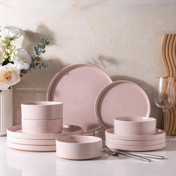 Ceramic Dinnerware Set for 4 | Speckled Stoneware Plates and Bowls with unglazed terracotta | Scratch Resistant