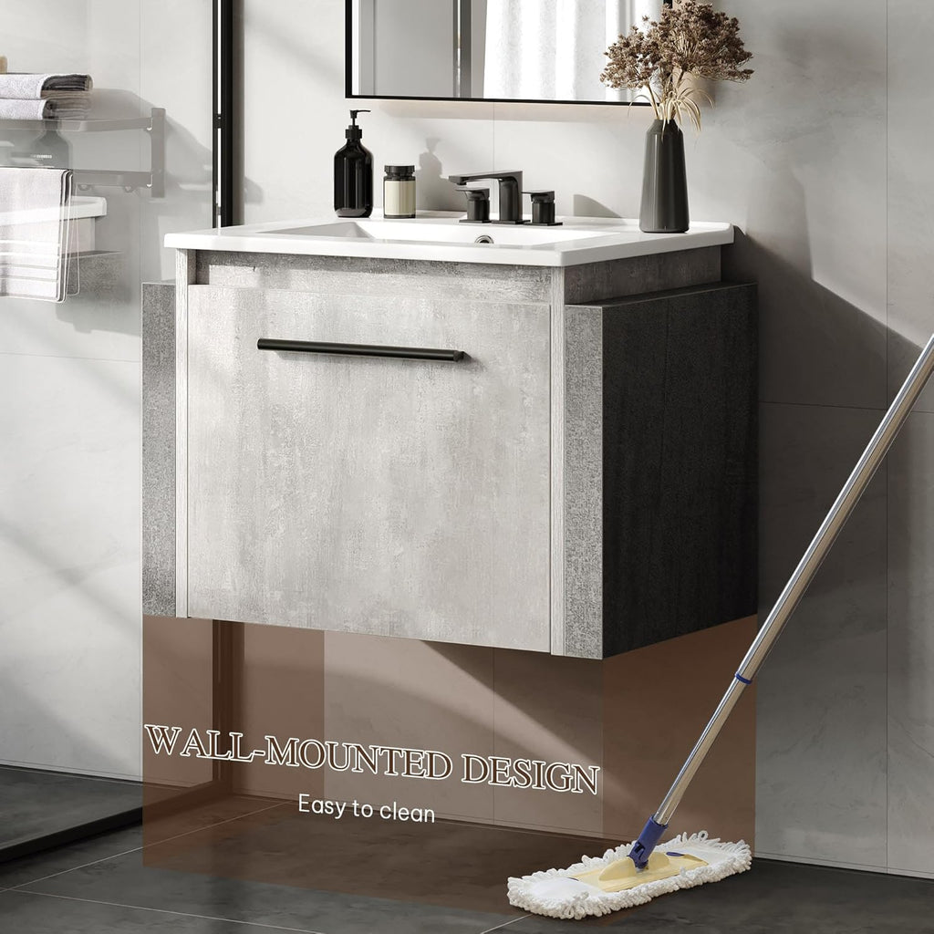 20-Inch Floating Bathroom Vanity with Sink – Wall-Mounted Modern Cabinet with Soft-Close Large Door, Grey