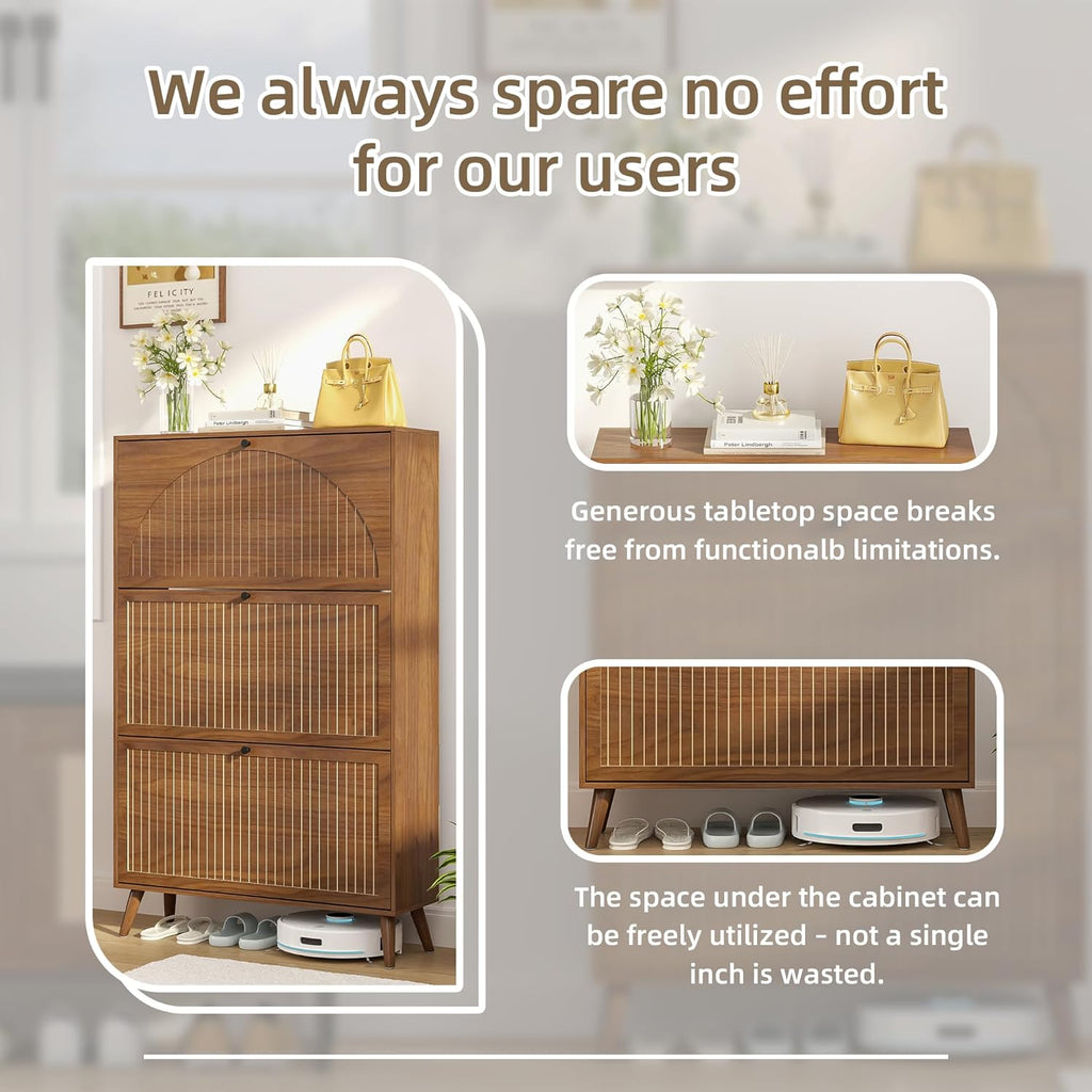 Shoe Storage Cabinet with 3 Flip Drawers, Narrow Shoe Organizer with Fluted Panel, Freestanding Wood Hidden Shoe