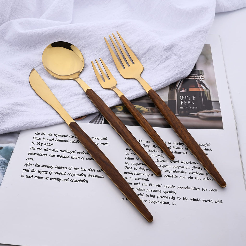 16-Piece Silverware Set with Cake Fork, Gold Stainless Steel Flatware Cutlery Set, Eating Utensils Set with Wooden