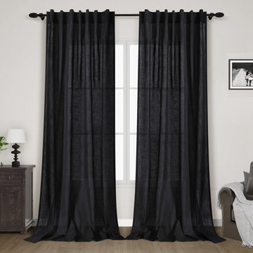 Black Linen Curtains 132 inch Extra Long Back Tab Light Filtering Semi Sheer Drapes Modern Farmhouse Muslin Look