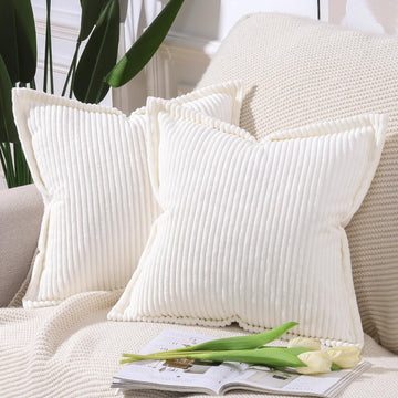 Cream White Corduroy Throw Pillow Covers 20x20 inch with Fringe Edge Set of 2 Super Soft Boho Striped Pillow Covers