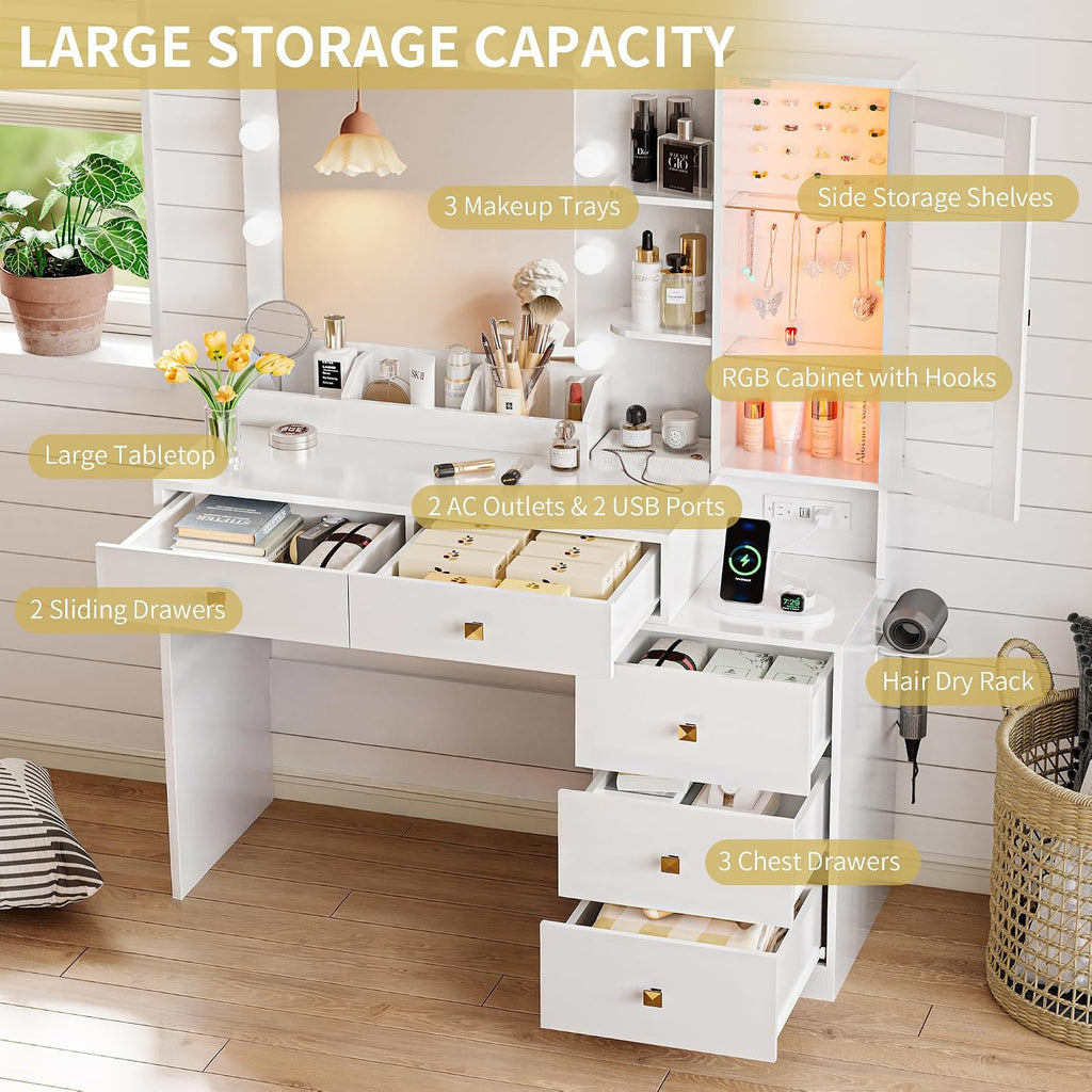 Vanity Desk with Mirror and Lights, Makeup Vanity Table Set with 5 Storage Drawers, Power Outlet, Small Dressing