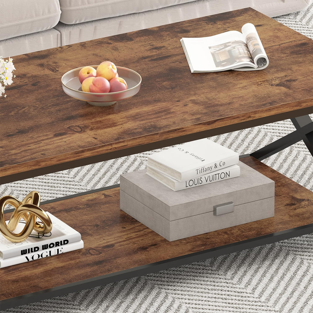 Wood Coffee Table with Storage, Farmhouse Rustic Brown Coffee Table, Modern Minimalist 2 Tier Center Table