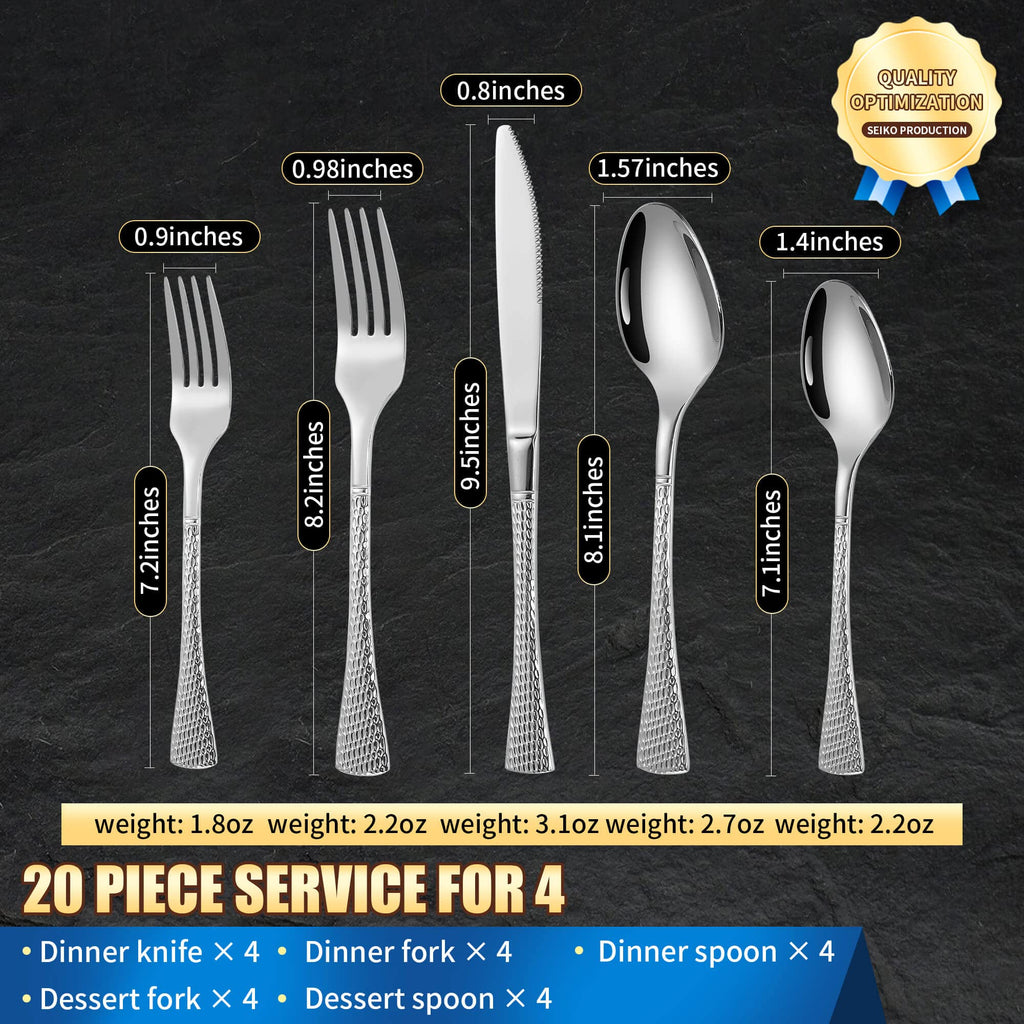 Hammered Silverware Set,20 Piece Modern Flatware Set Service for 4,Mirror Polished Stainless Steel Cutlery Set