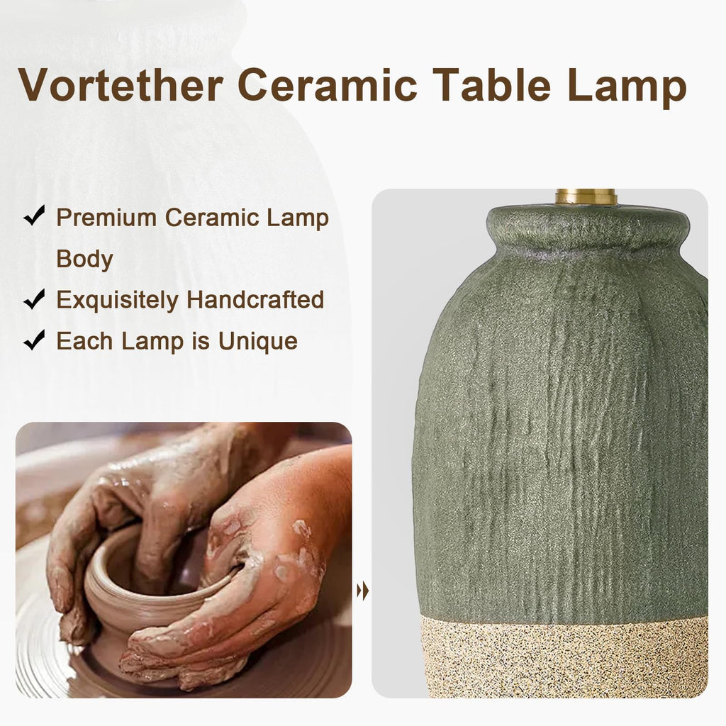 22.5" Green Ceramic Table Lamps, Boho Nightstand Lamp