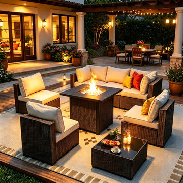 Outdoor Wicker Patio Furniture Set with 28' Fire Pit Table Sectional Sofa Set Conversation Set with Comfy